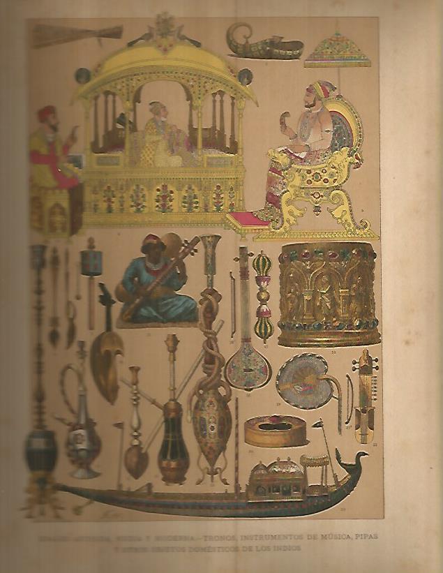 LAMINA 9674: Tronos instrumentos musicales y objetos de India
