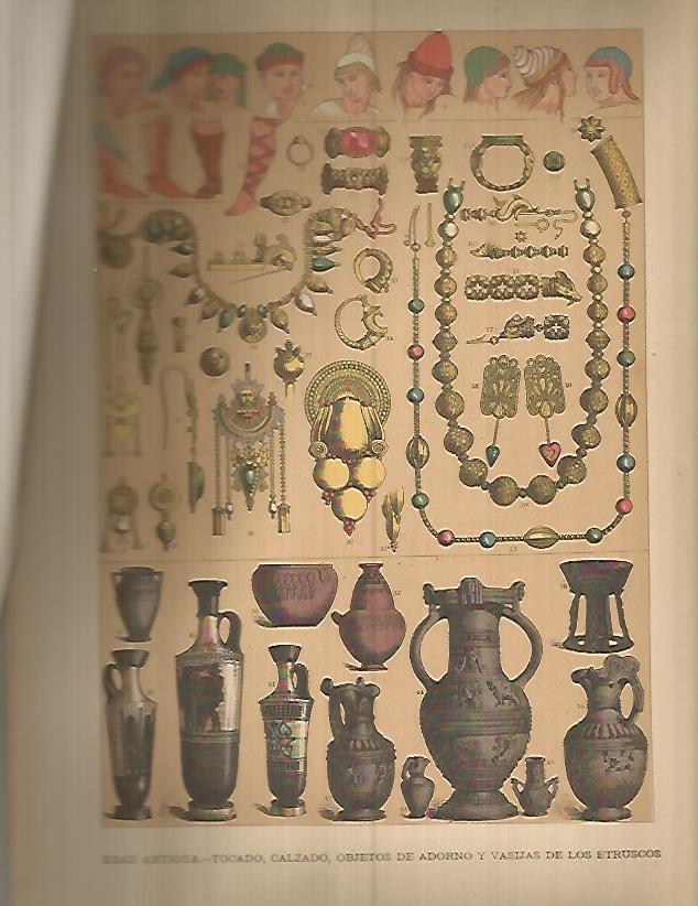 LAMINA 9703: Tocados calzado y vasijas de los etruscos