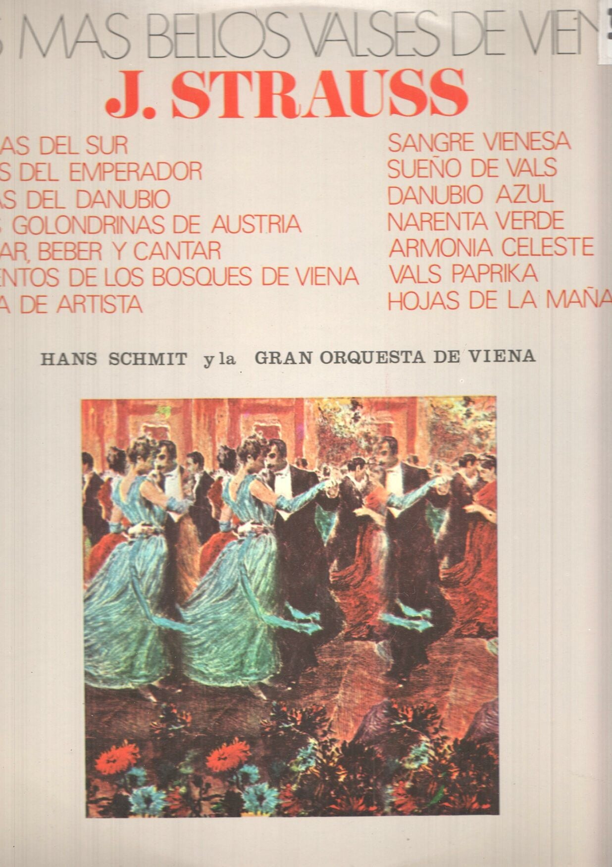 LP: Los mas bellos valses de Viena, J. Strauss - Hans Schmitt y la Gran Orquesta de Viena. Rosas del sur, Vals del emperador, Olas del Danubio