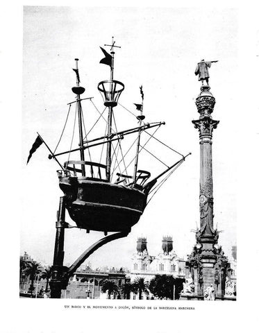 LAMINA 6317: Un barco y el monumento a Colon simbolo de la Barcelona marinera