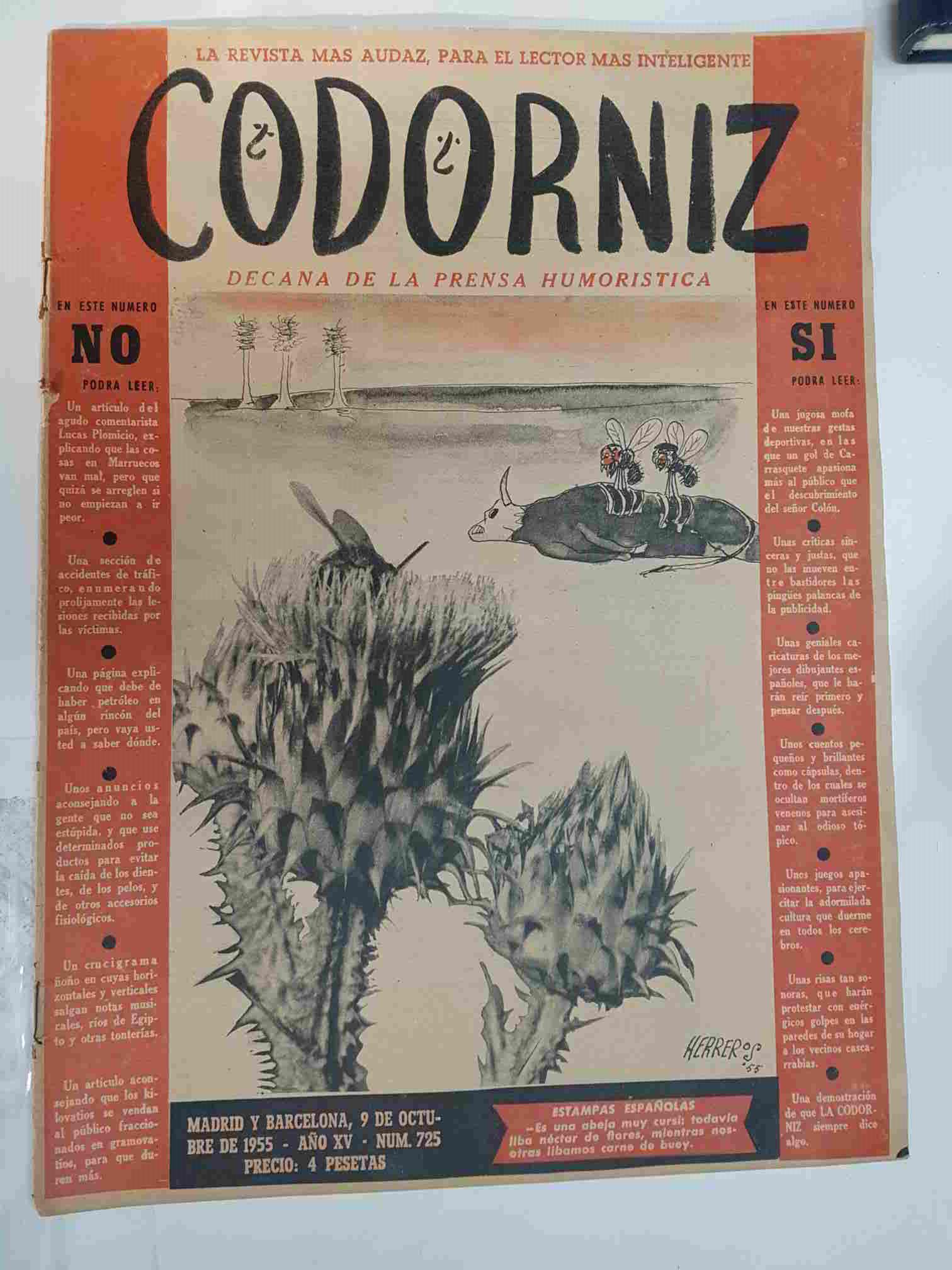 Revista: La Codorniz numero 0725, 9 de Octubre de 1955 año XV. Portada firmada por Herreros - Estampas españolas