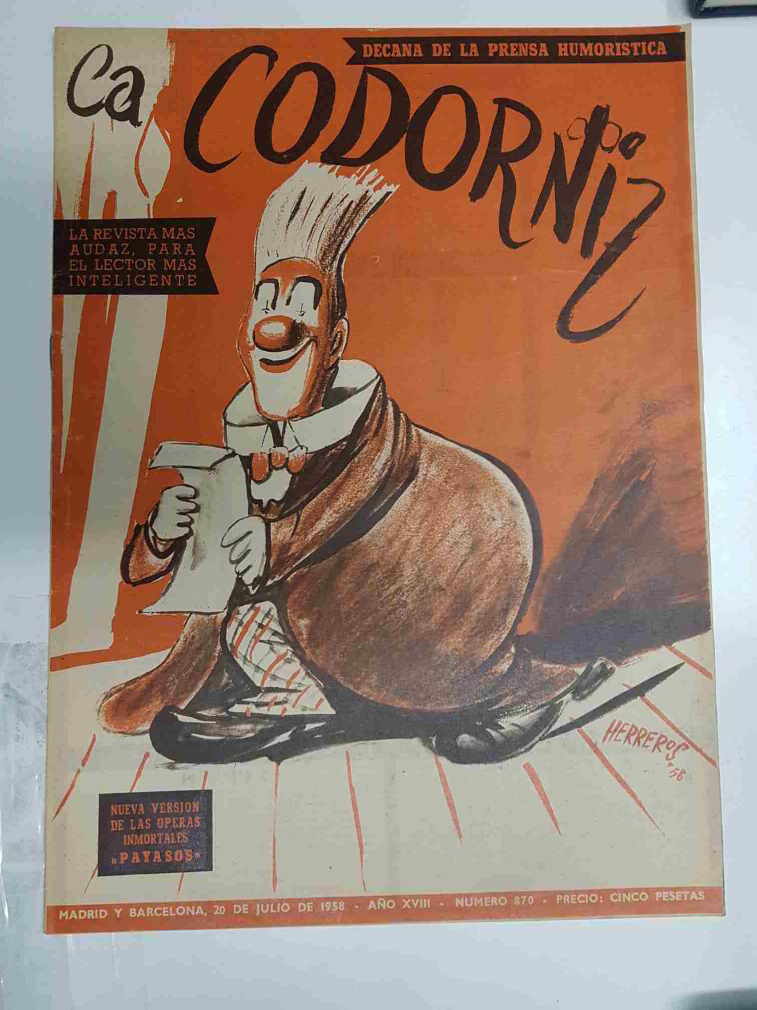 Revista la Codorniz: num 0870 Año XVIII, 20 julio 1958 - Payasos. Portada firmada por Herreros