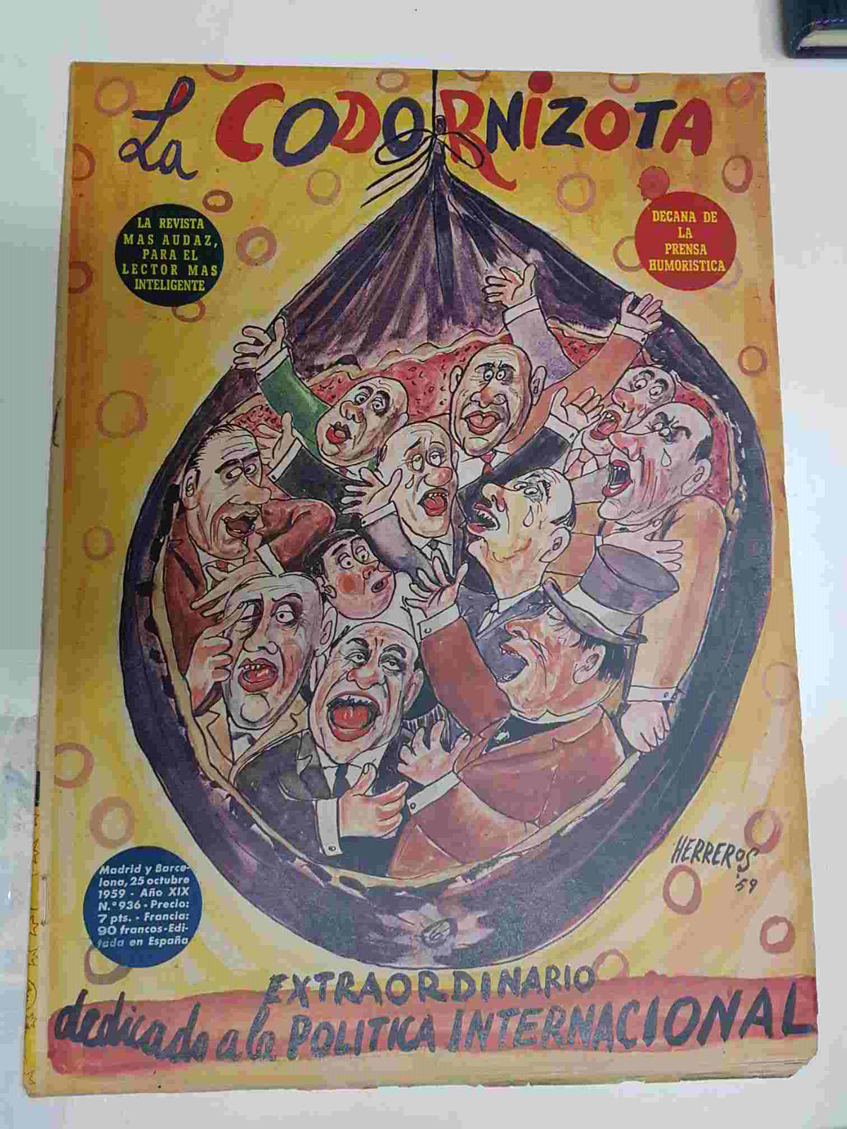 Revista la Codorniz: num 0936 Año XIX, 25 octubre 1959. Extraordinario dedicado a la politica internacional. Portada firmada por Herreros