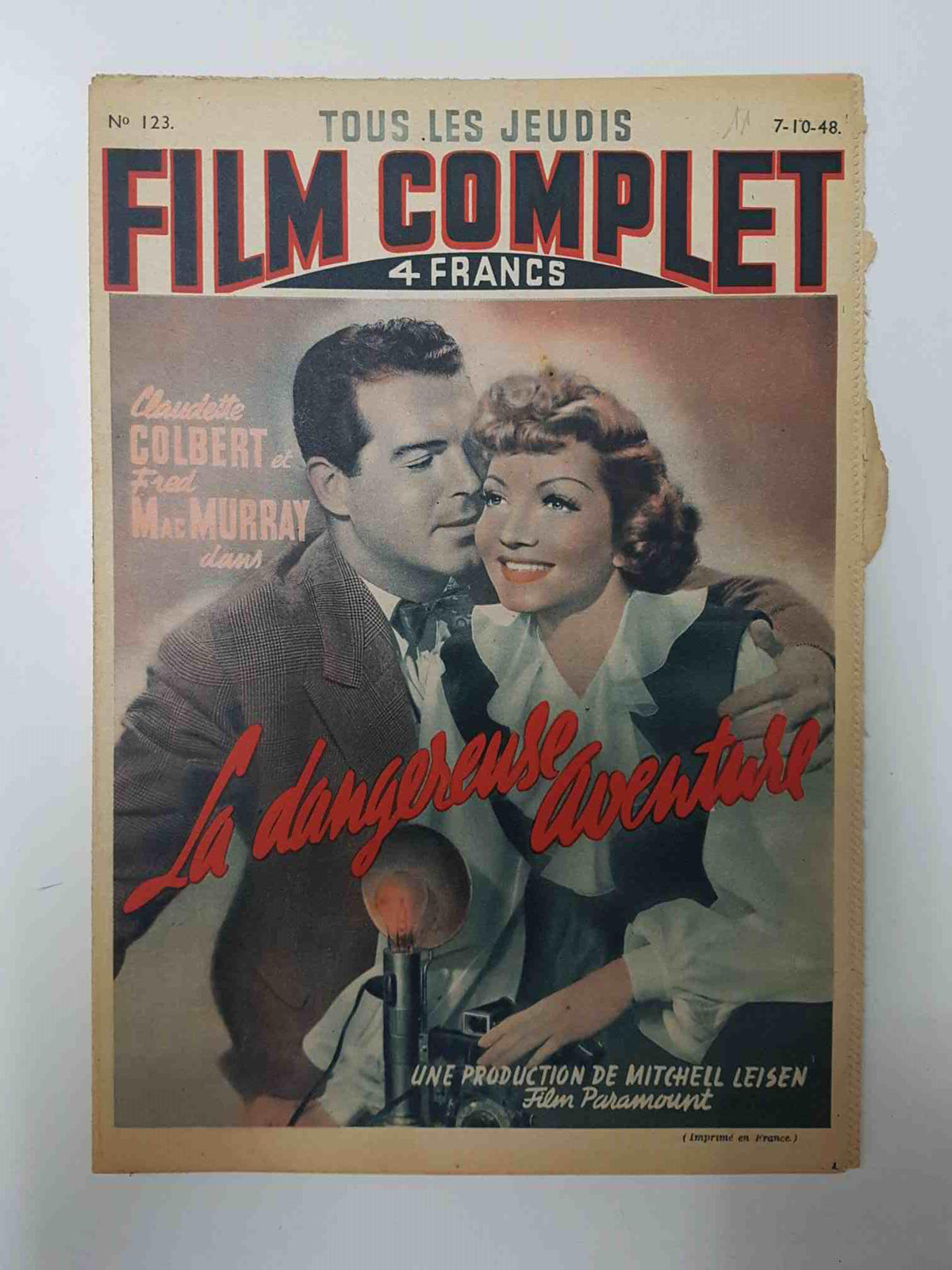Revista: Film Complet num 123 (1948) - La dangereuse aventure. Portada coloreada: Caudette Colbert et Fred Mac Murray
