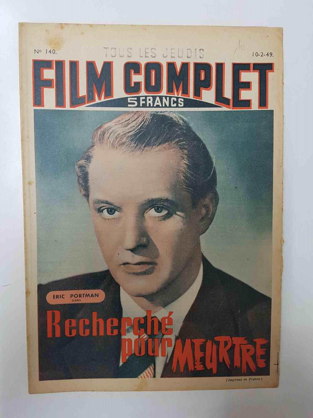 Revista: Film Complet num 140 (1949) - Recherche pour meurtre. Portada: Eric Portman