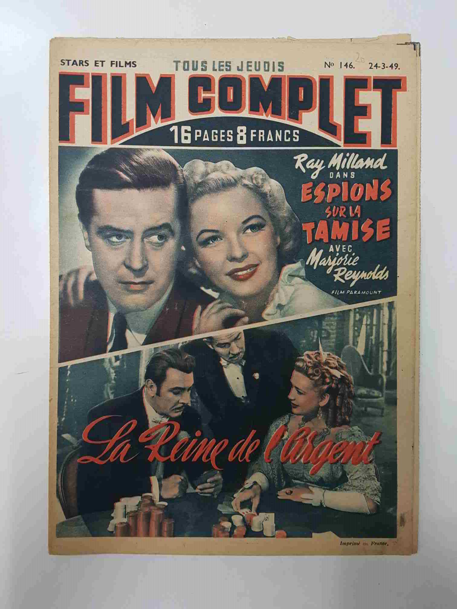 Revista: Film Complet num 146 (1949) - La Reine de largent. Portada: Ray Milland, Marjorie Reynolds