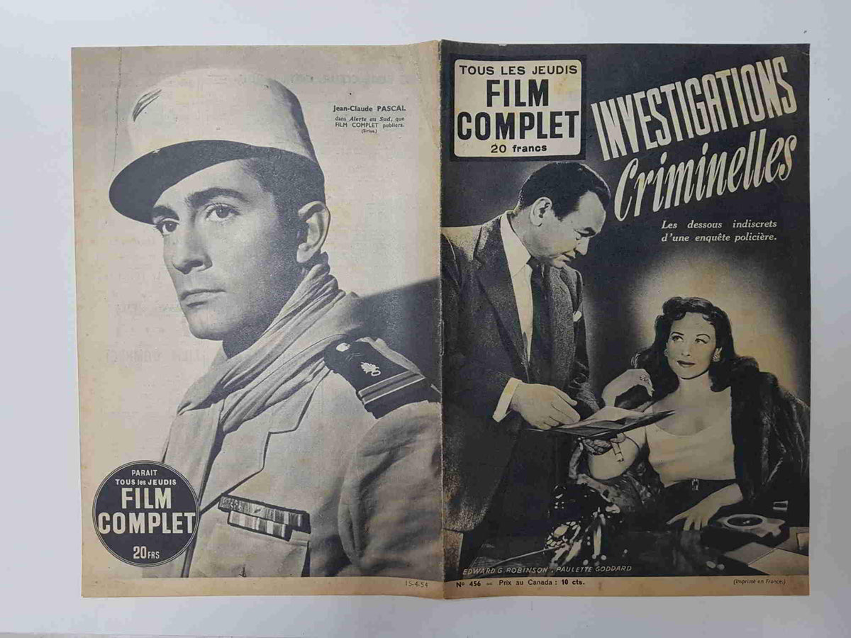 Revista: Film Complet num 456 (1954) - Investigations Criminelles. Portada: Edward G. Robinson, Paulette Goddard
