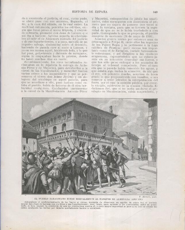 Historia de España lamina 205: El pueblo zaragozano hiere al marques de almenara (1591)