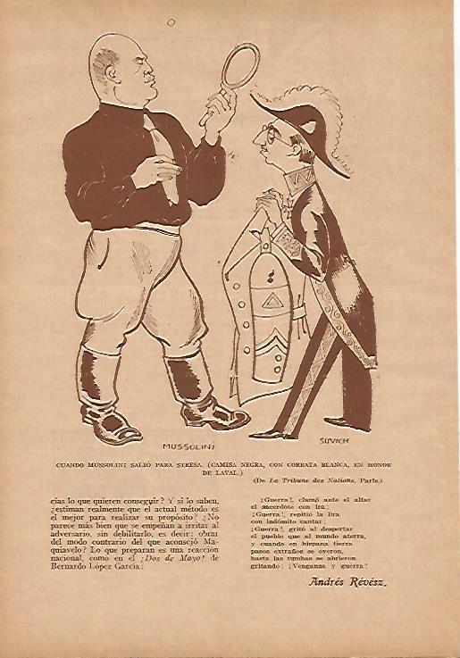 LAMINA BLANCO Y NEGRO 7969: Caricatura de Mussolini y Suvich de la Tribune des Nations de Paris