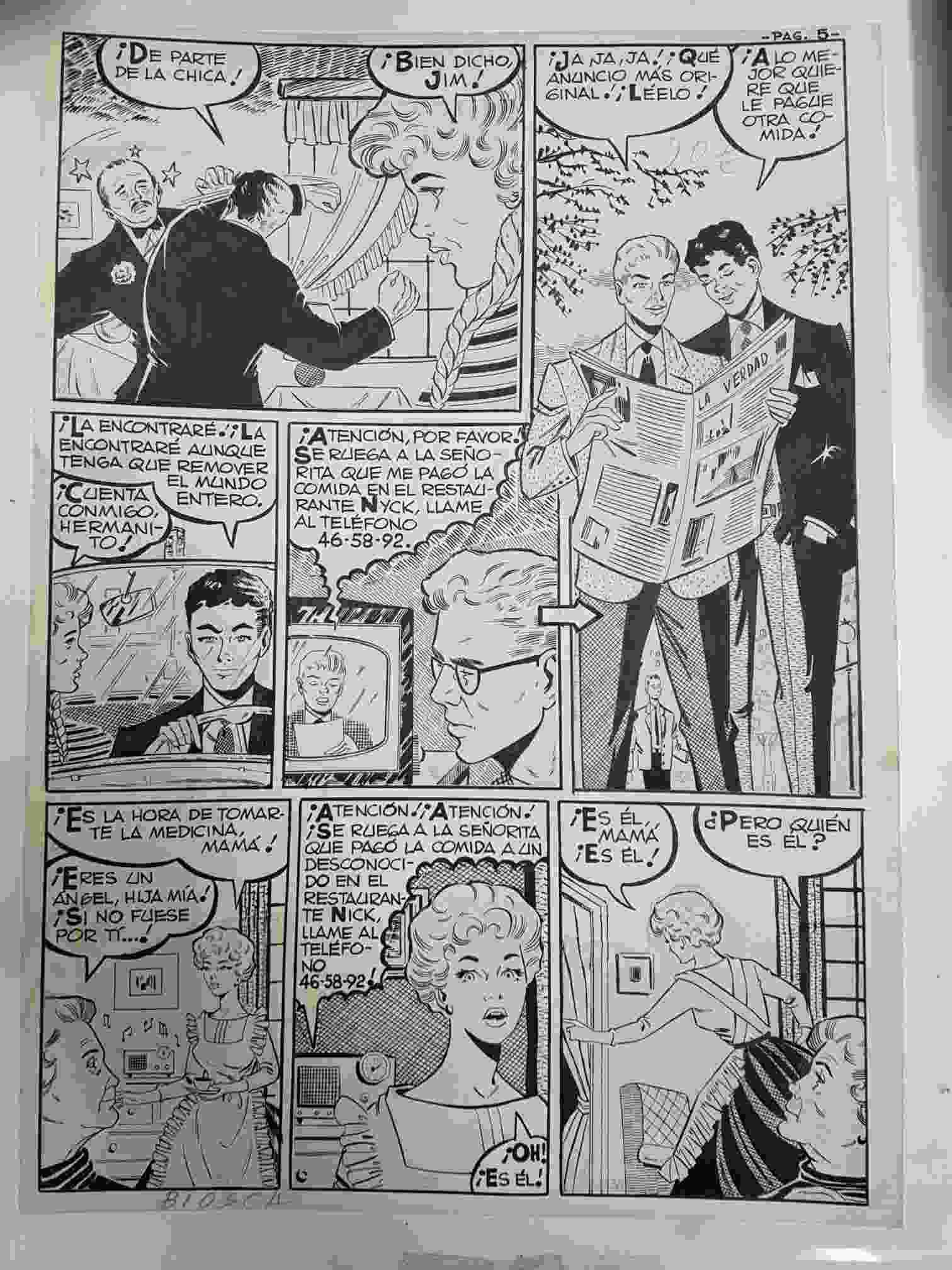 Dibujo original de: pagina tema romantico (dibujo de Biosca, numerada 53 en trasera)