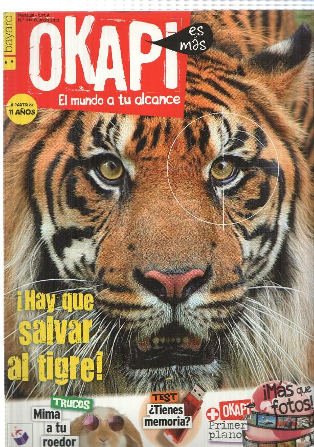 revista Okapi: num 111 feb 2012. Poster desplegable: cachorro de tigre y pasion por el Snowboarding. Enfoco: Robert Pattinson