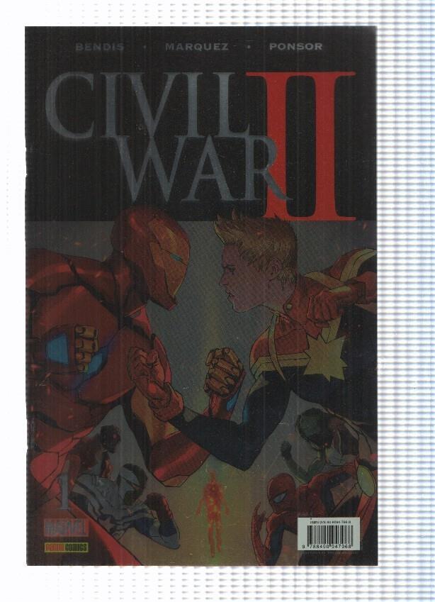 Panini:  Civil War II num. 1 año 1 (2016). Portada con colores metalizados. Bendis-Marquez-Ponsor