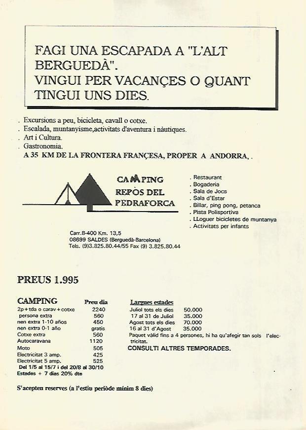 LAMINA 16089: Publicidad del Camping Repos del Pedraforca, Barcelona