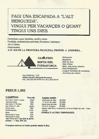 LAMINA 16089: Publicidad del Camping Repos del Pedraforca, Barcelona