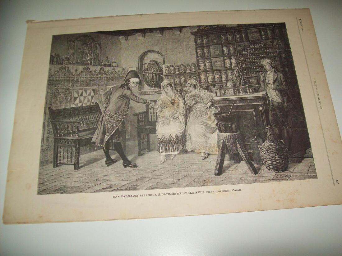 LAMINA ILUSTRACION ARTISTICA 19855:  Una farmacia española del siglo XVIII
