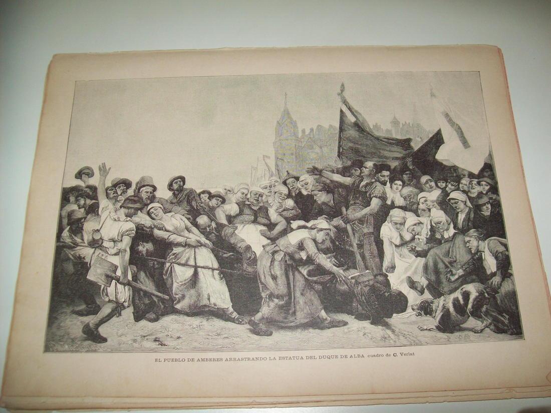 LAMINA ILUSTRACION ARTISTICA 19931: Elpueblo de Amberes arrastrando la estatua del Duque de Alba