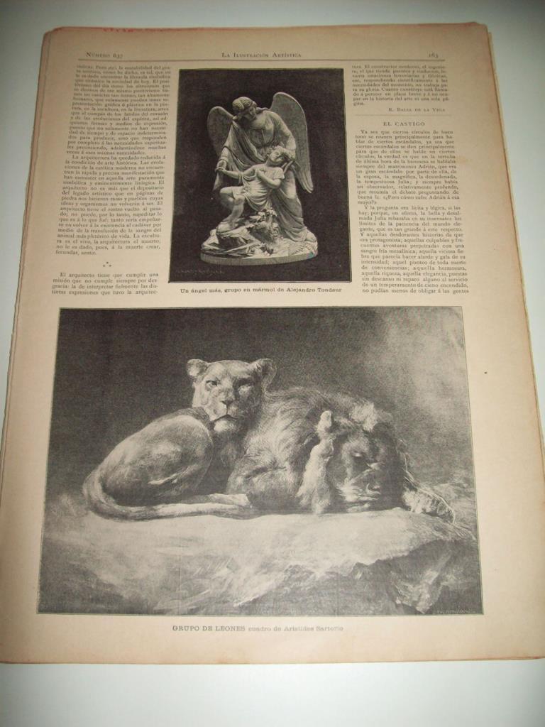 LAMINA ILUSTRACION ARTISTICA 19923: Grupo de leones, por A. Sartorio