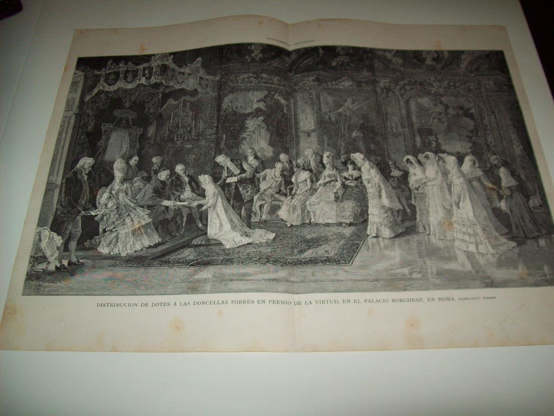 LAMINA ILUSTRACION ARTISTICA 19722: Distribucion de dotes a las doncellas pobres en el Palacio Borghese de Roma