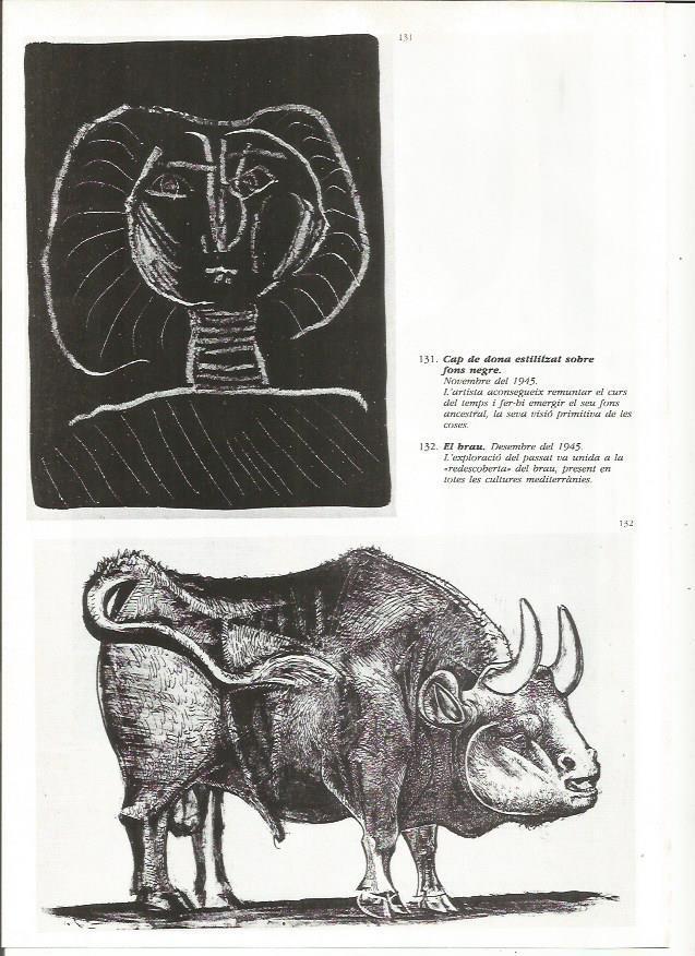 LAMINA 19432: Cabeza de mujer estilizada sobre fondo negro y El toro