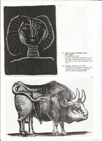 LAMINA 19432: Cabeza de mujer estilizada sobre fondo negro y El toro