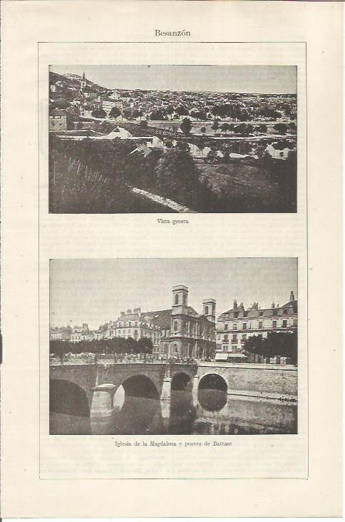 LAMINA ESPASA 34488: Iglesia de la Magdalena y Puente de Battant en Besanzon, Francia
