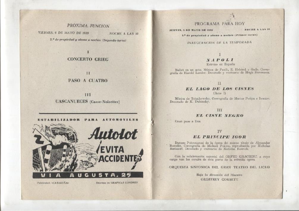 Teatro del Liceo: programa del jueves 5 mayo 1955, obra: Napoli, El lago de los cisnes,