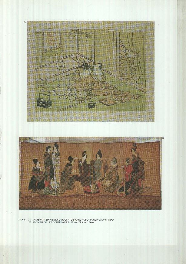 Japon el imperio del sol naciente lamina 34: Pareja y sirvienta curiosa de Harunobu y Biombo de las cortesanas