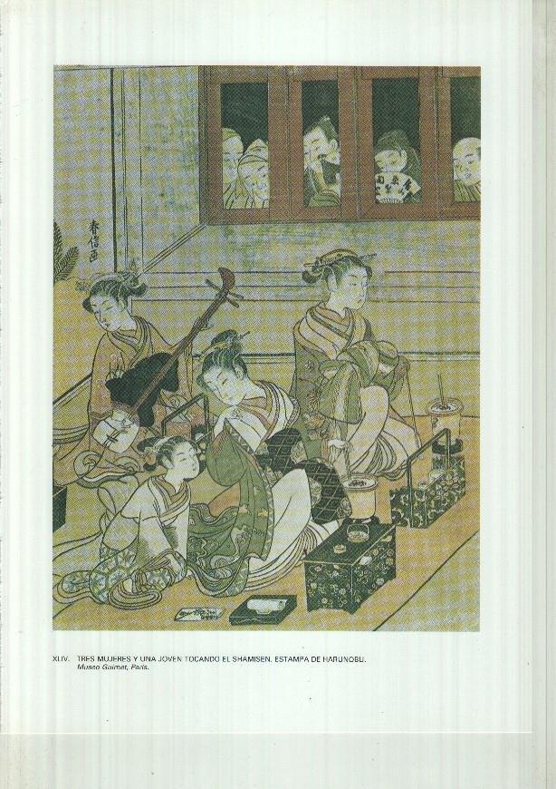 Japon el imperio del sol naciente lamina 44: Tres mujeres y un joven tocando el Shamisen