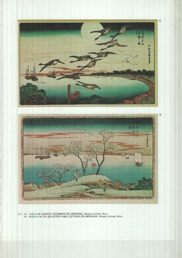 Japon el imperio del sol naciente lamina 54: Vuelo de Gansos y puesta de sol en Goten-Yama, estampas de hiroshige