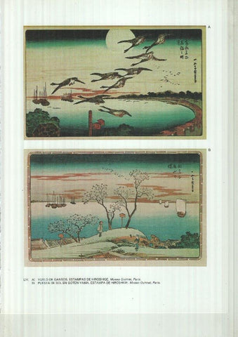 Japon el imperio del sol naciente lamina 54: Vuelo de Gansos y puesta de sol en Goten-Yama, estampas de hiroshige