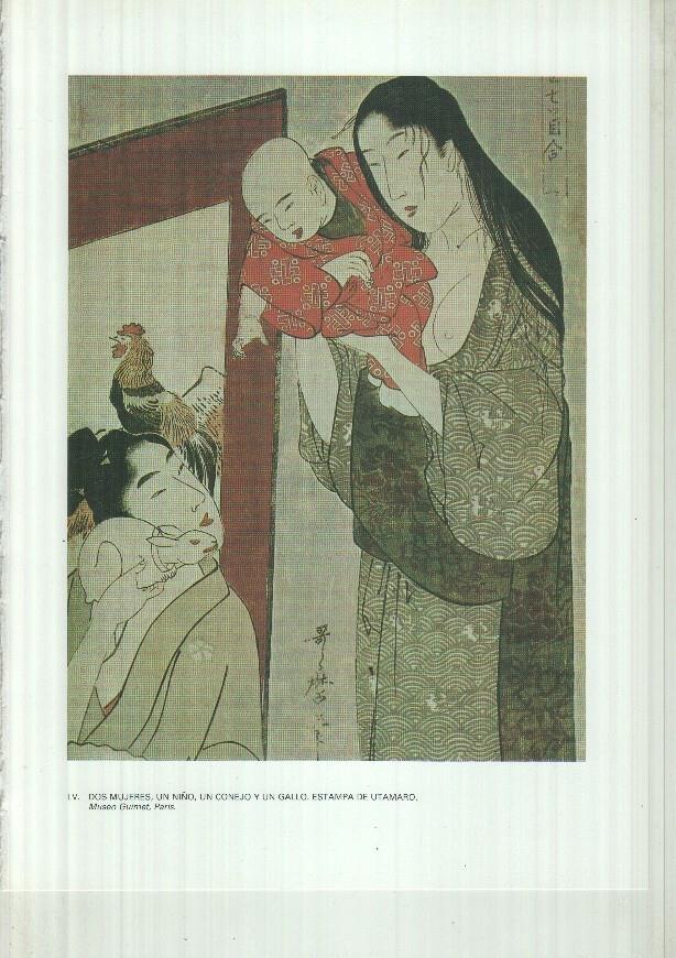 Japon el imperio del sol naciente lamina 55: Dos mujeres, un niño, un conejo y un gallo, estampa de Utamaro
