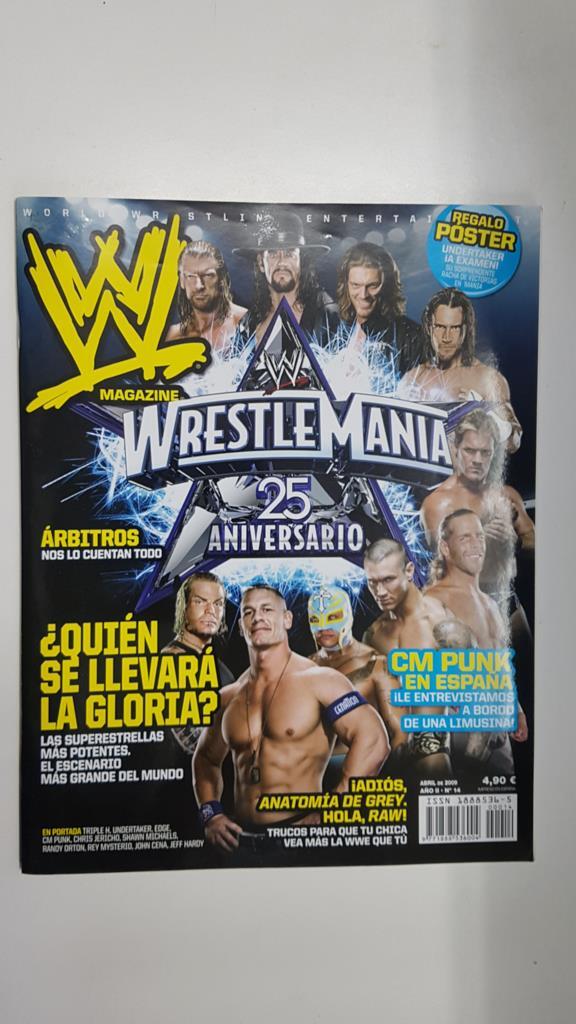 Revista lucha libre: WWE Magazine año II num 14, abril 2009. Wrestlemania 25 aniversario. Poster sobre la senda de Deadman