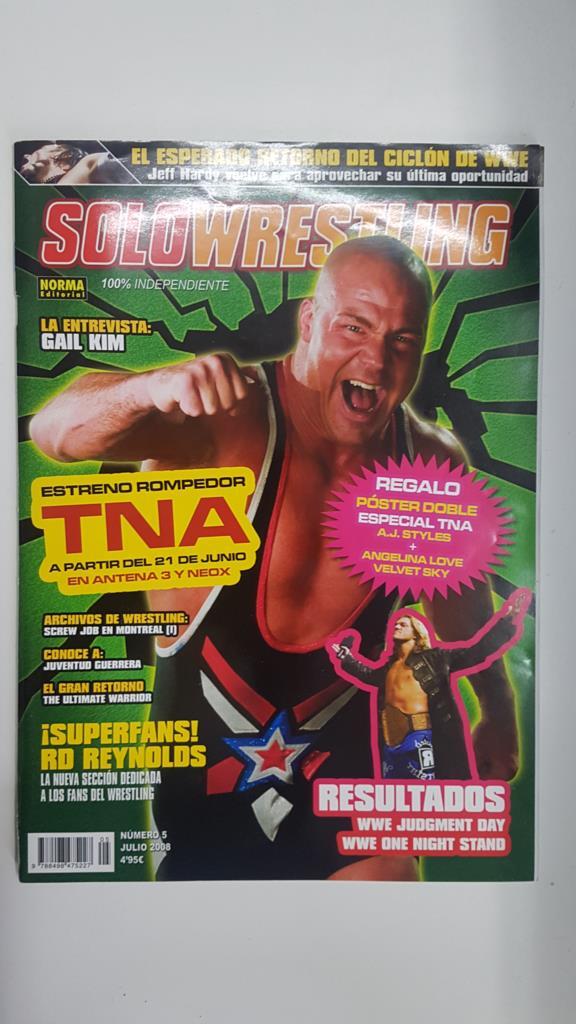 Revista lucha libre: Solowrestling numero 5, julio 2008. Poster doble Especial TNA A.J Styles + Angelina Love Velvet Sky. Especial Jeff Hardy