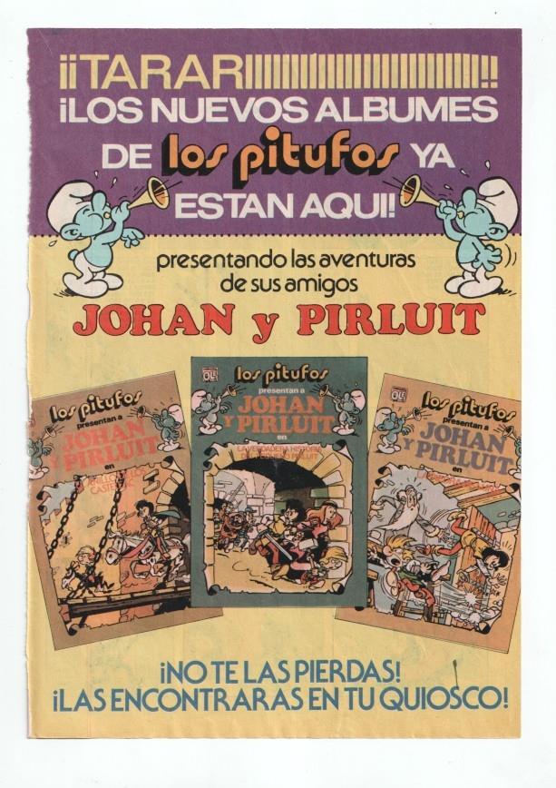 Bruguera: pagina publicitaria de Los Pitufos con las aventuras de Johan y Pirluit