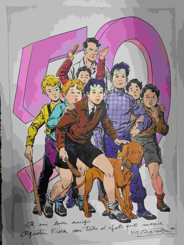 Cartulina: Dibujo original de la Pandilla de los siete 50 aniversario. Firmado y con dedicatoria de Miguel Quesada Cerdan