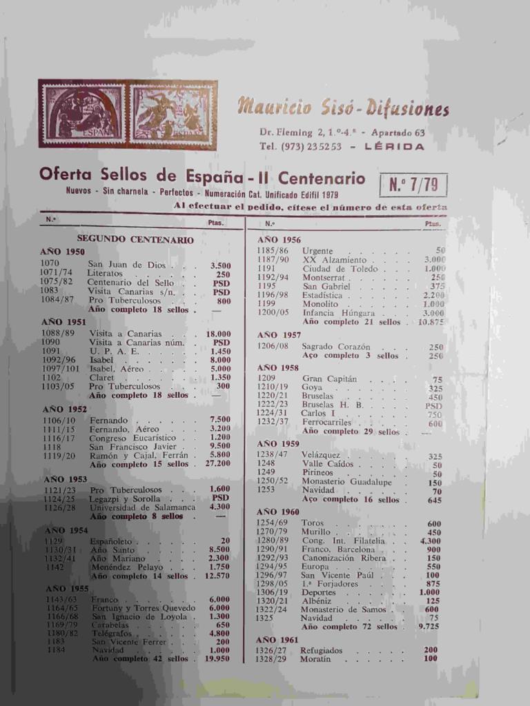 Diptico: Oferta Sellos de España - II Centenario num 7/79. Mauricio Siso - Difusiones (Lerida)