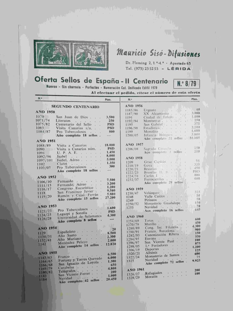 Diptico: Oferta Sellos de España - II Centenario num 8/79. Mauricio Siso - Difusiones (Lerida)