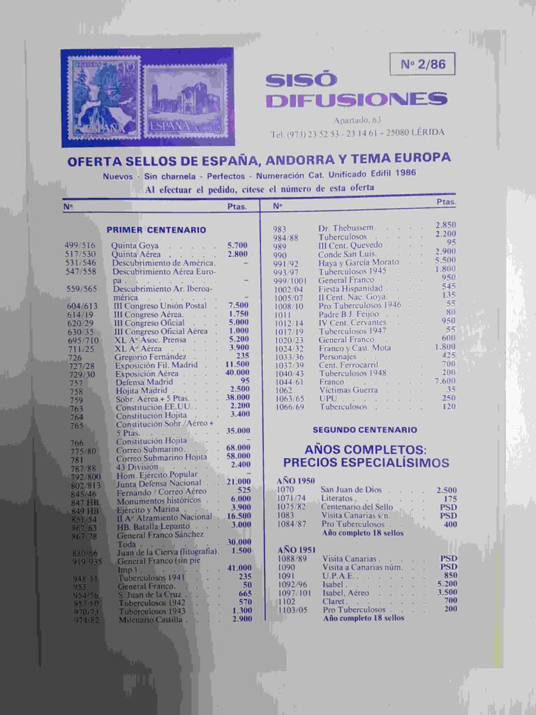 Folleto: Oferta Sellos de España Andorra y Tema Europa num 2/86 (azul). Mauricio Siso - Difusiones (Lerida)