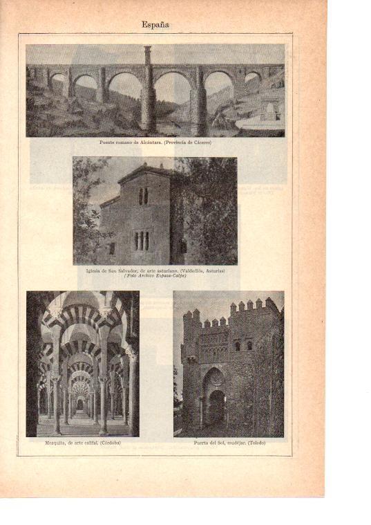 LAMINA 39040: Puente de Alcantara, iglesia de San Salvador en Asturias y Mezquita de Cordoba