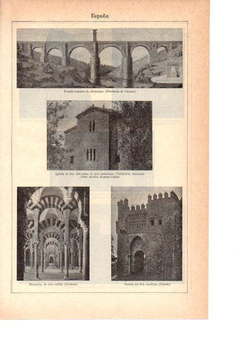 LAMINA 39040: Puente de Alcantara, iglesia de San Salvador en Asturias y Mezquita de Cordoba