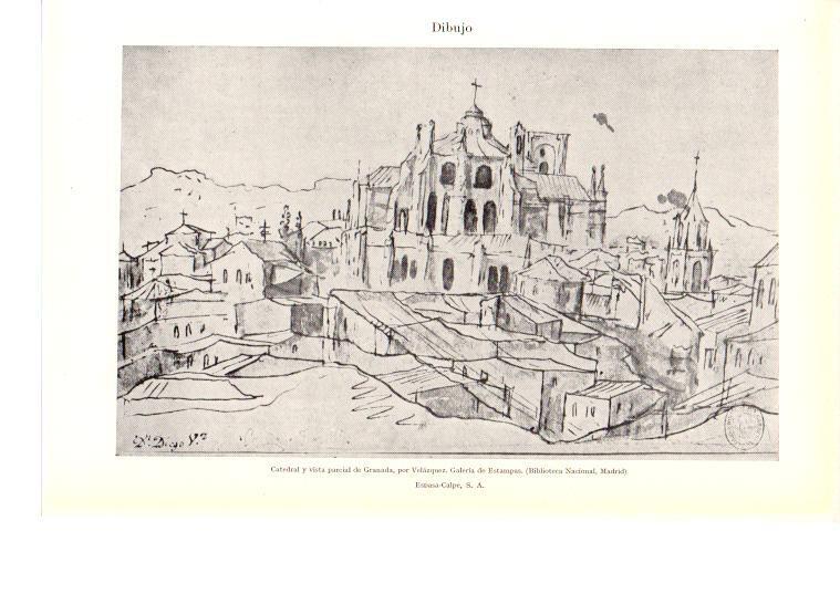 LAMINA 38955: Catedral y vista parcial de Granada, por Velazquez