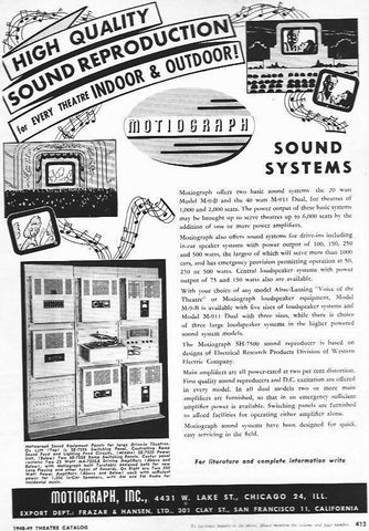 LAMINA 29424: Publicidad de sistemas de sonido de Motiograph Inc.