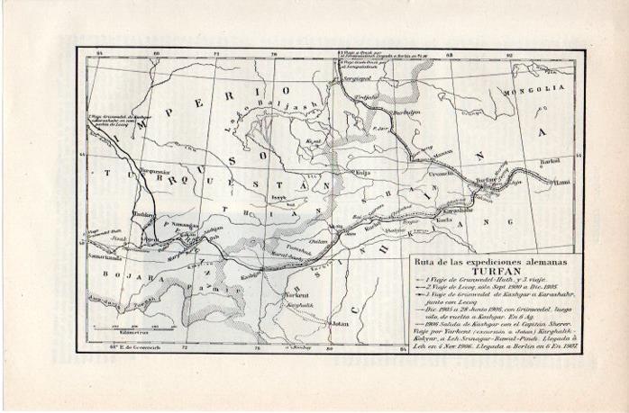 LAMINA V07590: Mapa de las rutas de las expediciones de Alemania en Turfan