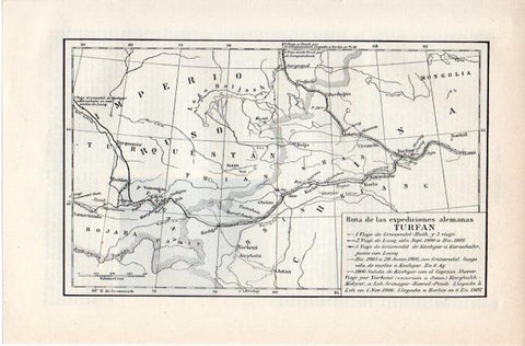 LAMINA V07590: Mapa de las rutas de las expediciones de Alemania en Turfan