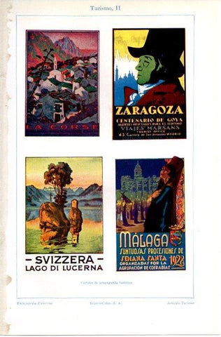 LAMINA V07614: Carteles de Turismo de La Corse Zaragoza Malaga y Suiza