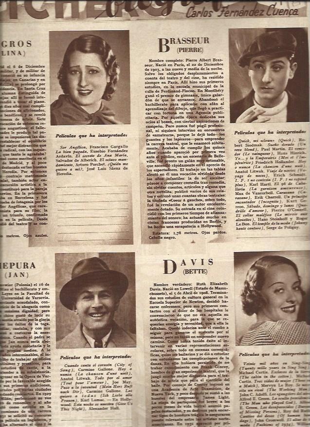 LAMINA 31014: Lina Yegros, Pierre Rasseur, Jan Kiepura y Bette Davis