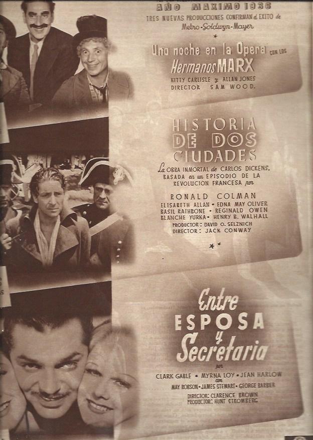 LAMINA 31324: Publicidad de Una noche en la opera, Historia de dos ciudades y Entre esposa y secretaria