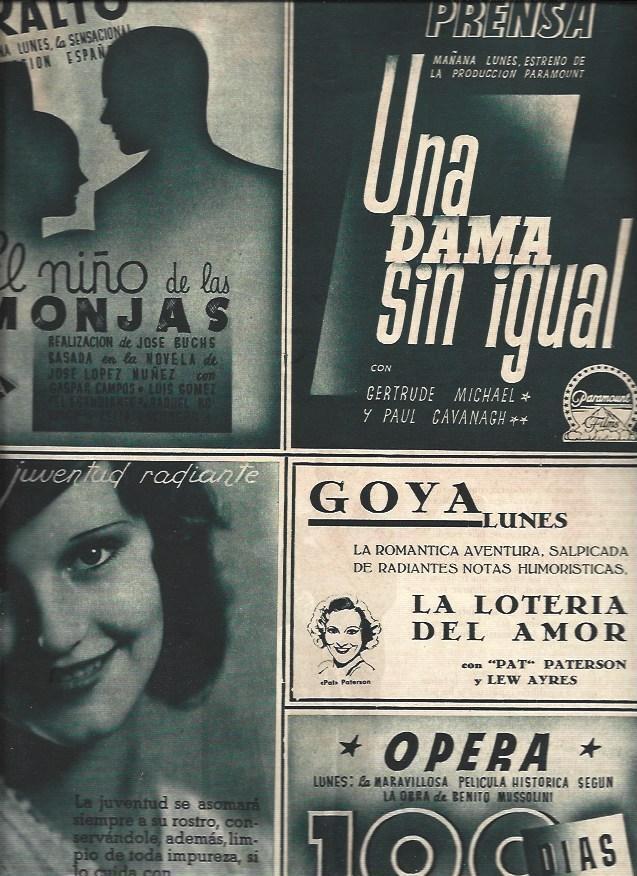 LAMINA 30832: Publicidad de El niño de las monjas, Una dama sin igual y la opera 100 dias