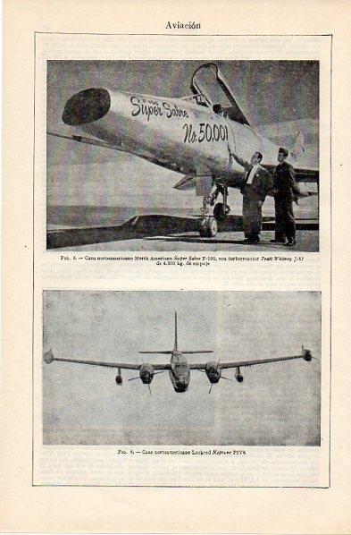 LAMINA V10874: Cazas norteamericanos Super Sabre F-100 y Lockeed Neptune P2V6