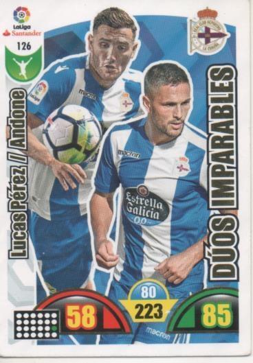 Cromo E002889: Trade Card Game Adrenalyn. Liga 2017-18, Dúos Imparables. Lucas Pérez/Andone. R.C.D. La Coruña